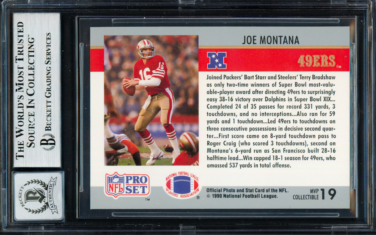 Joe Montana Autographed 1990 Pro Set Card #19 San Francisco 49ers Auto Grade Gem Mint 10 Beckett BAS Stock #261787