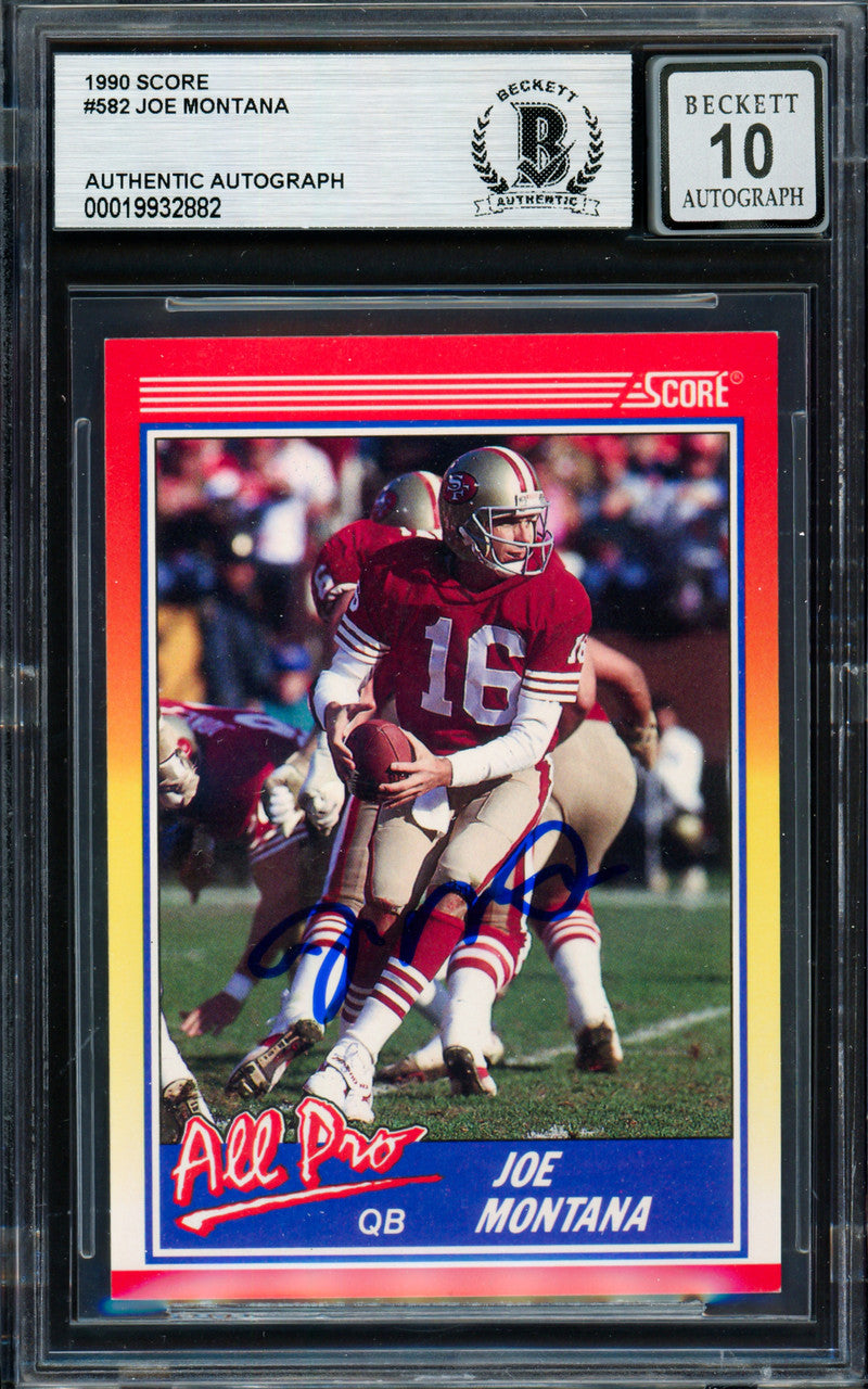 Joe Montana Autographed 1990 Score Card #582 San Francisco 49ers Auto Grade Gem Mint 10 Beckett BAS Stock #261791