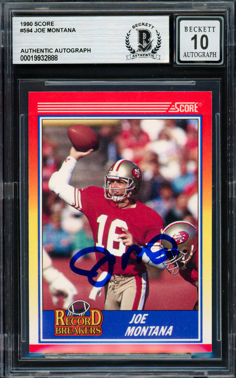 Joe Montana Autographed 1990 Score Card #594 San Francisco 49ers Auto Grade Gem Mint 10 Beckett BAS Stock #261792
