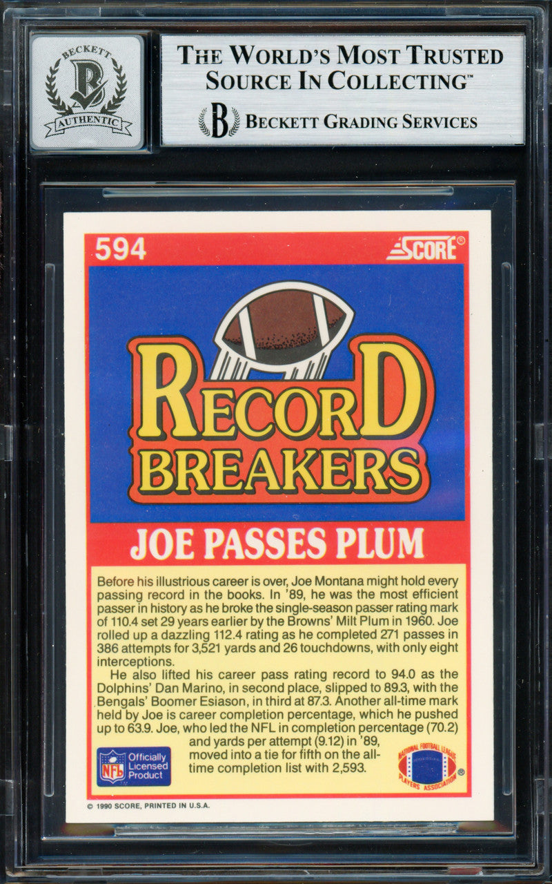 Joe Montana Autographed 1990 Score Card #594 San Francisco 49ers Auto Grade Gem Mint 10 Beckett BAS Stock #261792