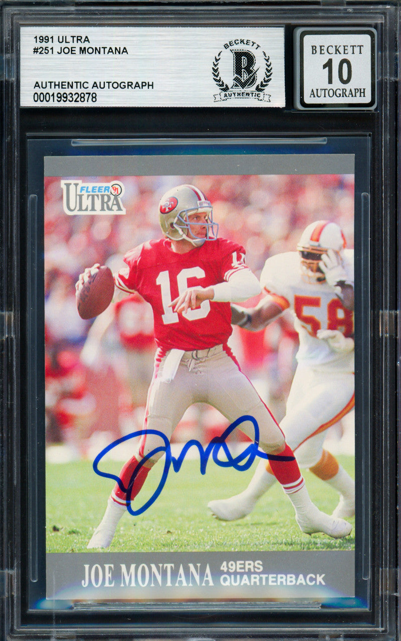Joe Montana Autographed 1991 Fleer Ultra Card #251 San Francisco 49ers Auto Grade Gem Mint 10 Beckett BAS Stock #261793