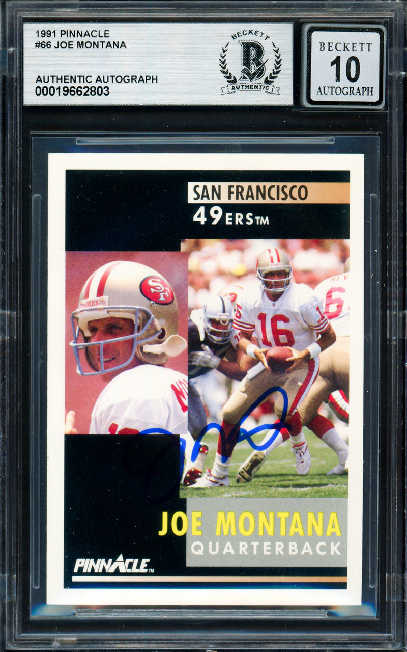 Joe Montana Autographed 1991 Pinnacle Card #66 San Francisco 49ers Auto Grade Gem Mint 10 Beckett BAS Stock #261795