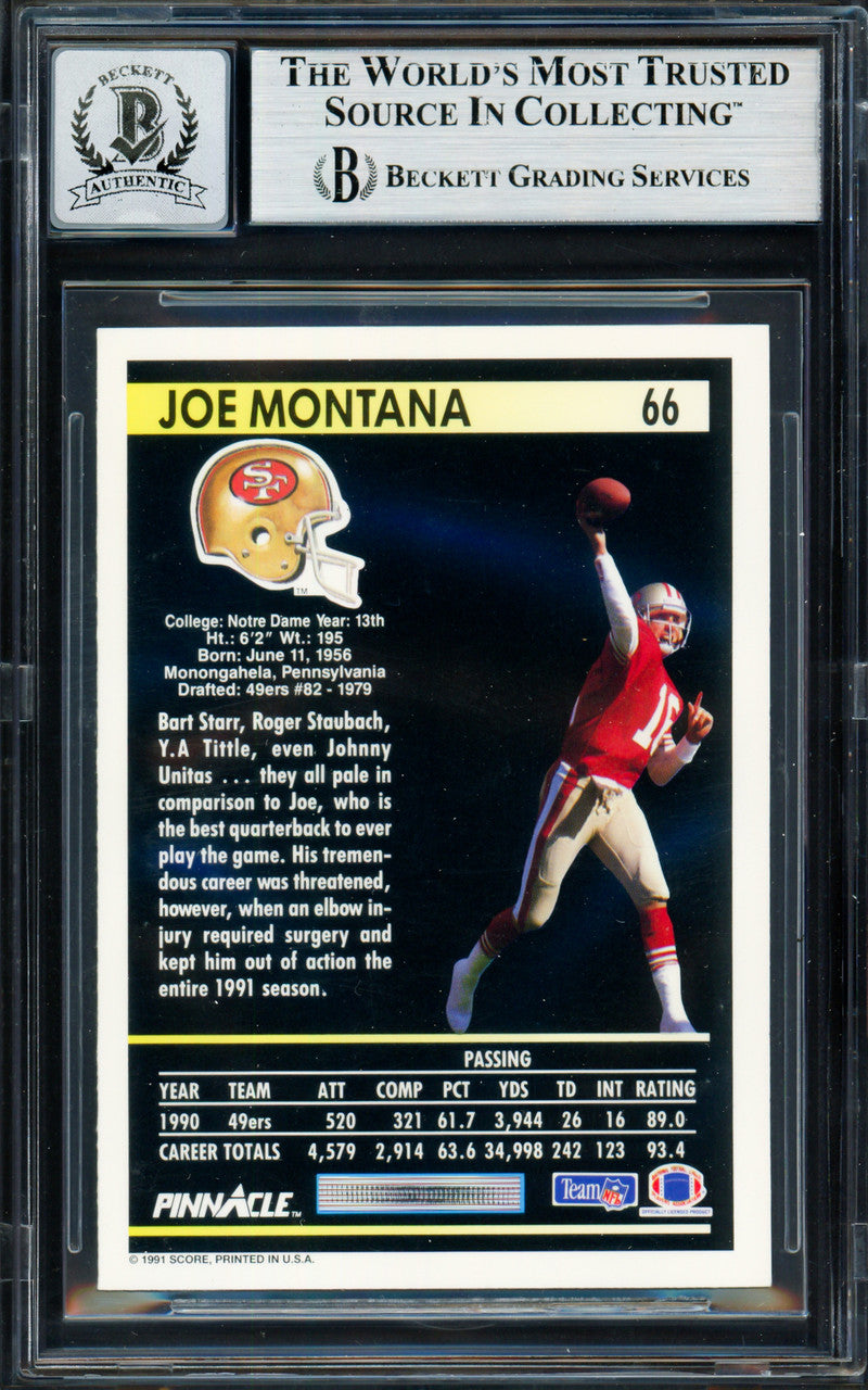 Joe Montana Autographed 1991 Pinnacle Card #66 San Francisco 49ers Auto Grade Gem Mint 10 Beckett BAS Stock #261795