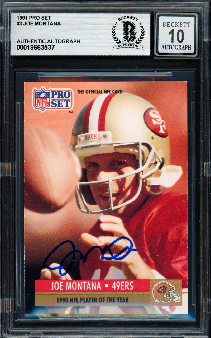 Joe Montana Autographed 1991 Pro Set Card #3 San Francisco 49ers Auto Grade Gem Mint 10 Beckett BAS Stock #261796