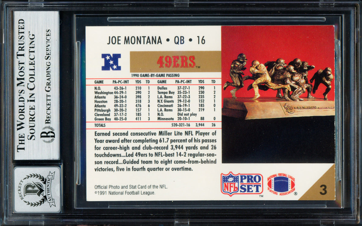 Joe Montana Autographed 1991 Pro Set Card #3 San Francisco 49ers Auto Grade Gem Mint 10 Beckett BAS Stock #261796