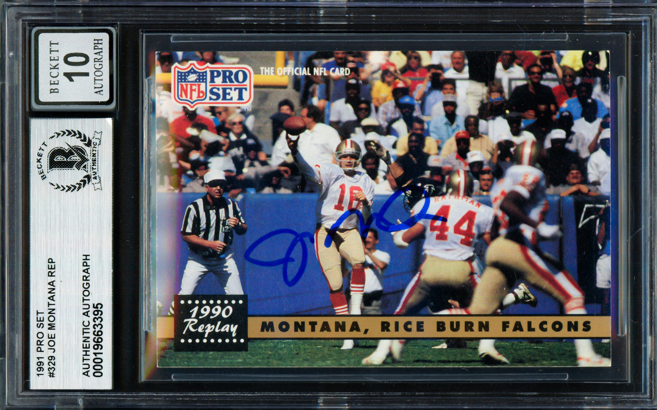 Joe Montana Autographed 1991 Pro Set Card #329 San Francisco 49ers Auto Grade Gem Mint 10 Beckett BAS Stock #261797