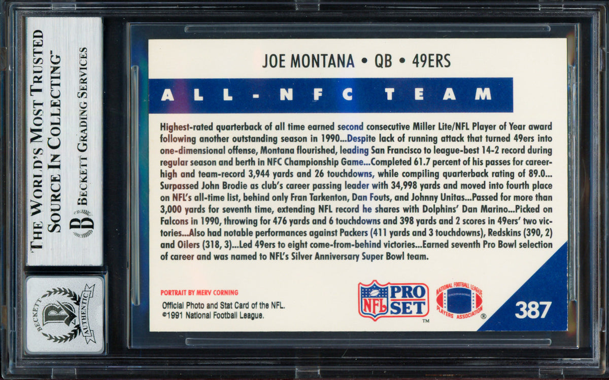 Joe Montana Autographed 1991 Pro Set Card #387 San Francisco 49ers Auto Grade Gem Mint 10 Beckett BAS Stock #261798