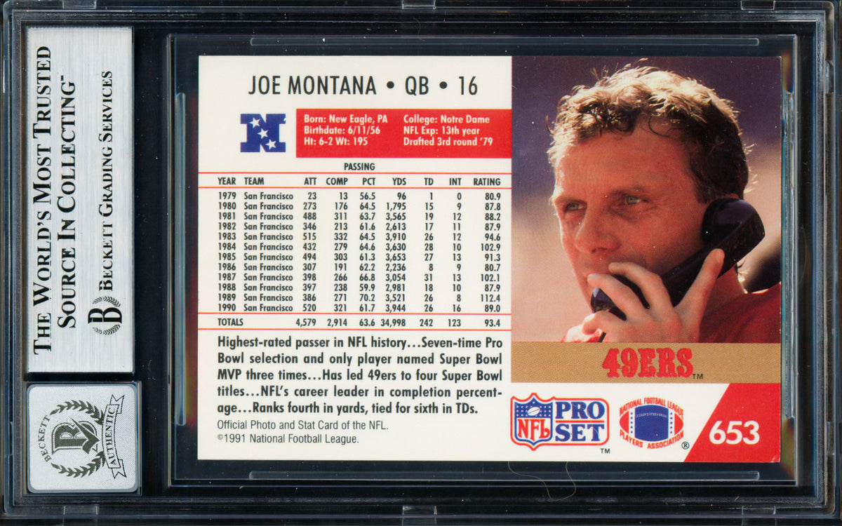 Joe Montana Autographed 1991 Pro Set Card #653 San Francisco 49ers Auto Grade Gem Mint 10 Beckett BAS Stock #261799