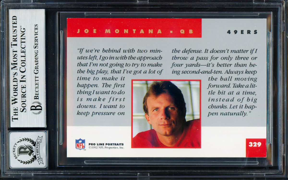 Joe Montana Autographed 1992 Proline Portraits Card #329 San Francisco 49ers Auto Grade Gem Mint 10 Beckett BAS Stock #261803