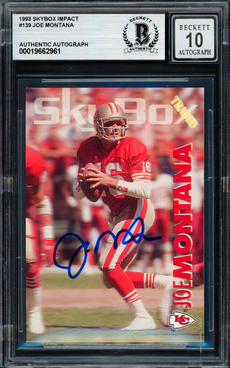 Joe Montana Autographed 1993 Skybox Card #139 Kansas City Chiefs Auto Grade Gem Mint 10 Beckett BAS Stock #261804