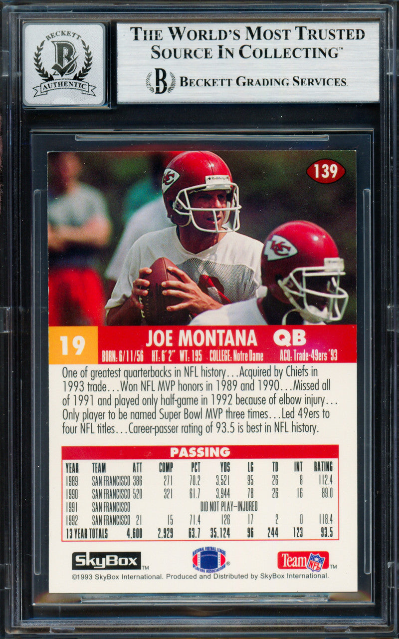 Joe Montana Autographed 1993 Skybox Card #139 Kansas City Chiefs Auto Grade Gem Mint 10 Beckett BAS Stock #261804