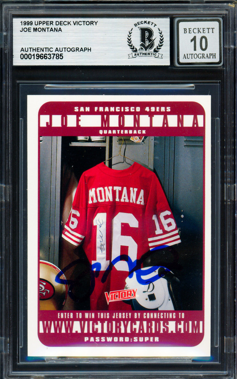 Joe Montana Autographed 1999 Upper Deck Victory Card San Francisco 49ers Auto Grade Gem Mint 10 Beckett BAS Stock #261805