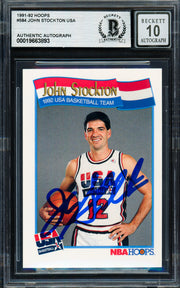 John Stockton Autographed 1991-92 Hoops Card #584 1992 USA Dream Team Auto Grade Gem Mint 10 Beckett BAS Stock #261807