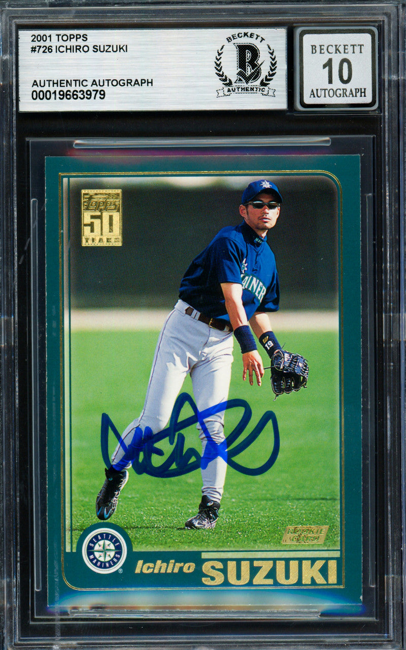 Ichiro Suzuki Autographed 2001 Topps Rookie Card #726 Seattle Mariners Auto Grade Gem Mint 10 Beckett BAS Stock #261809