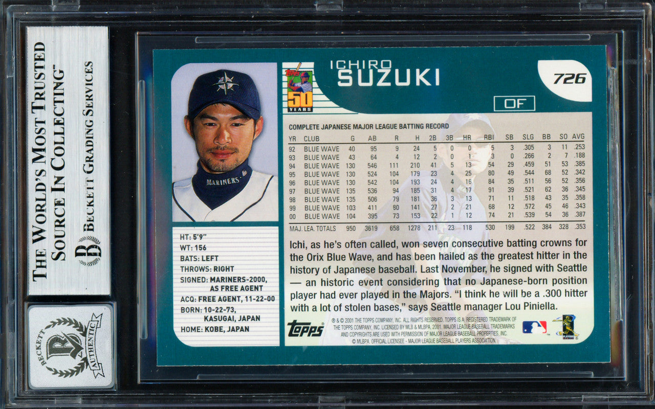 Ichiro Suzuki Autographed 2001 Topps Rookie Card #726 Seattle Mariners Auto Grade Gem Mint 10 Beckett BAS Stock #261809