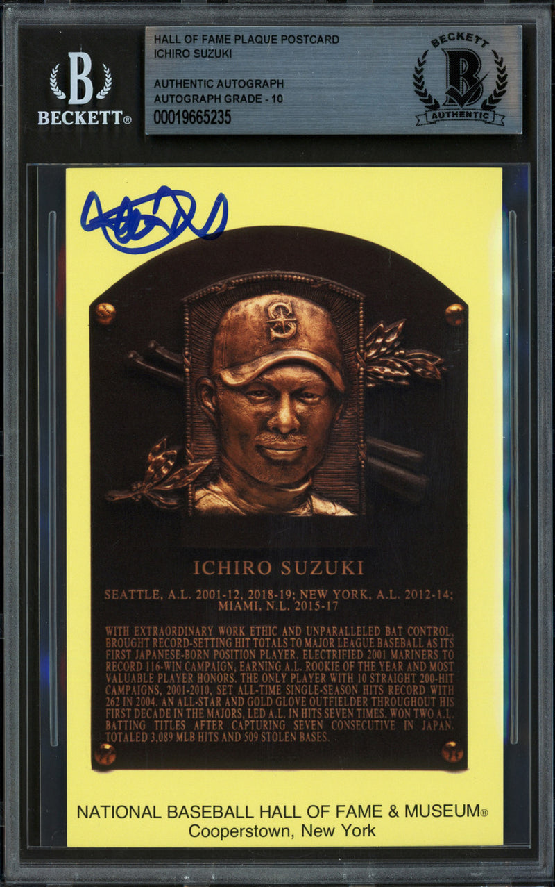 Ichiro Suzuki Autographed Hall of Fame Plaque Postcard (Postmarked 7/27/25) Seattle Mariners Auto Grade Gem Mint 10 Beckett BAS Stock #261812