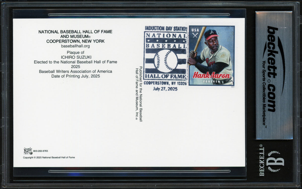 Ichiro Suzuki Autographed Hall of Fame Plaque Postcard (Postmarked 7/27/25) Seattle Mariners Auto Grade Gem Mint 10 Beckett BAS Stock #261812