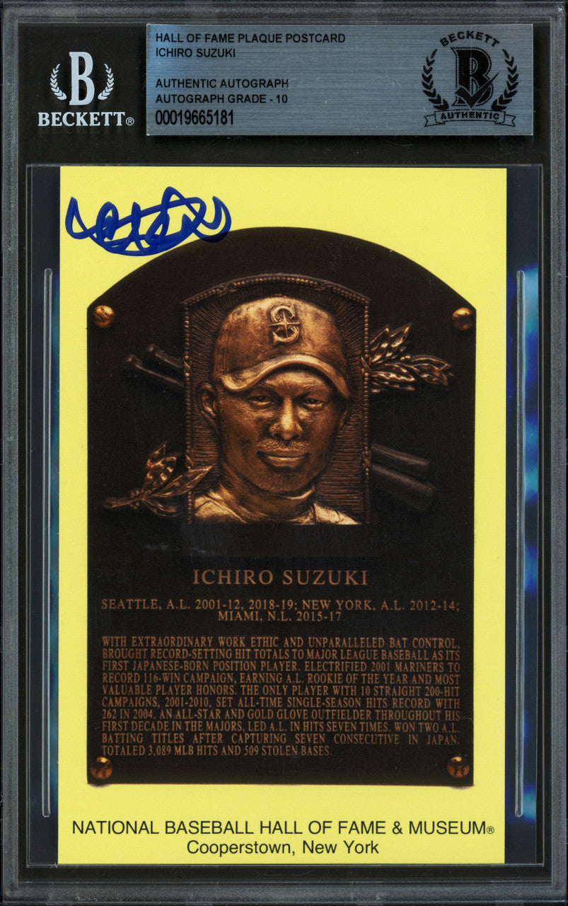 Ichiro Suzuki Autographed Hall of Fame Plaque Postcard Seattle Mariners Auto Grade Gem Mint 10 Beckett BAS Stock #261813