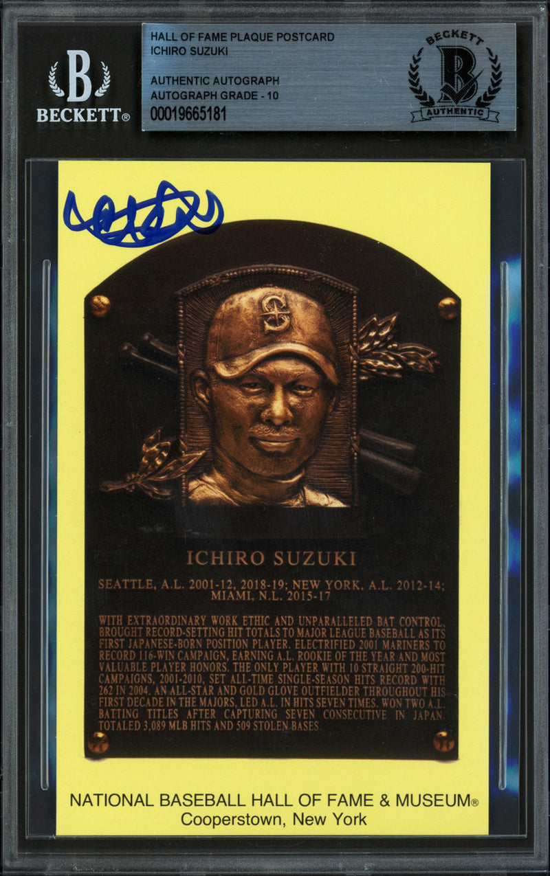 Ichiro Suzuki Autographed Hall of Fame Plaque Postcard Seattle Mariners Auto Grade Gem Mint 10 Beckett BAS Stock #261813