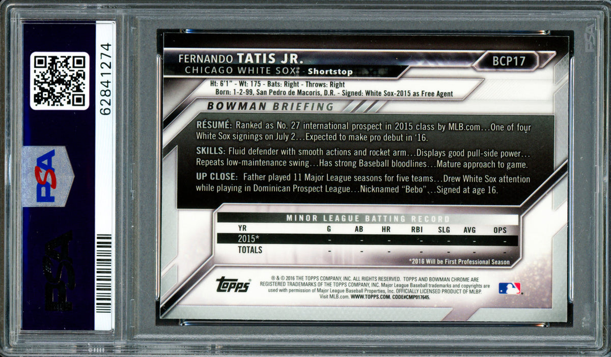Fernando Tatis Jr. Autographed 2016 Bowman Chrome Rookie Card #BCP17 San Diego Padres PSA 9 Auto Grade Gem Mint 10 PSA/DNA Stock #262008