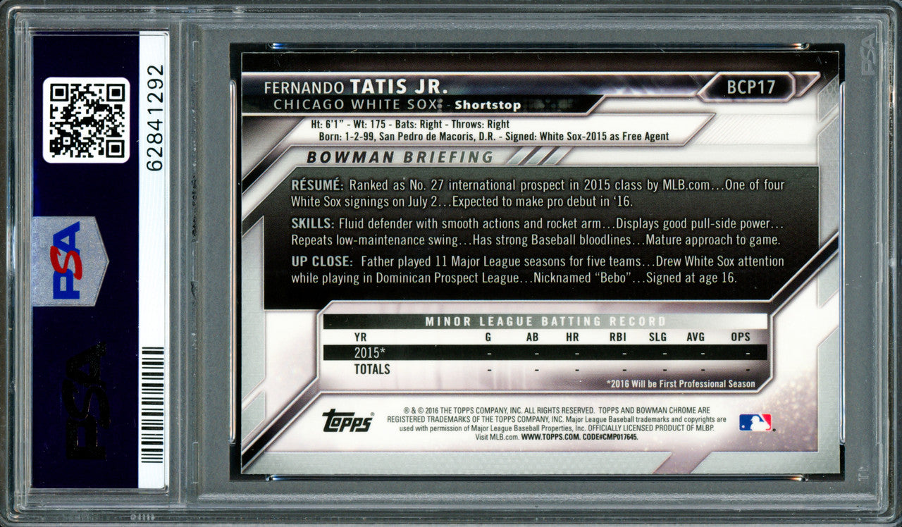 Fernando Tatis Jr. Autographed 2016 Bowman Chrome Rookie Card #BCP17 San Diego Padres PSA 8 Auto Grade Gem Mint 10 PSA/DNA Stock #262011