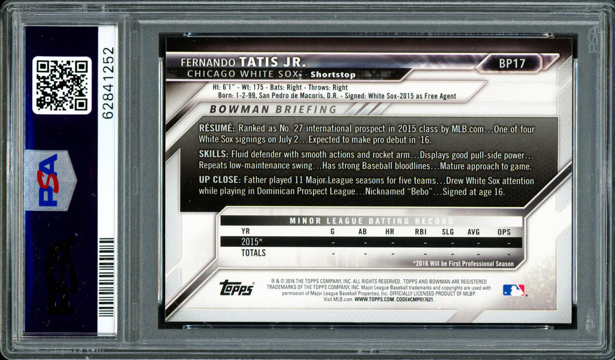 Fernando Tatis Jr. Autographed 2016 Bowman Prospects Rookie Card #BP17 San Diego Padres PSA 9 Auto Grade Gem Mint 10 PSA/DNA Stock #262013