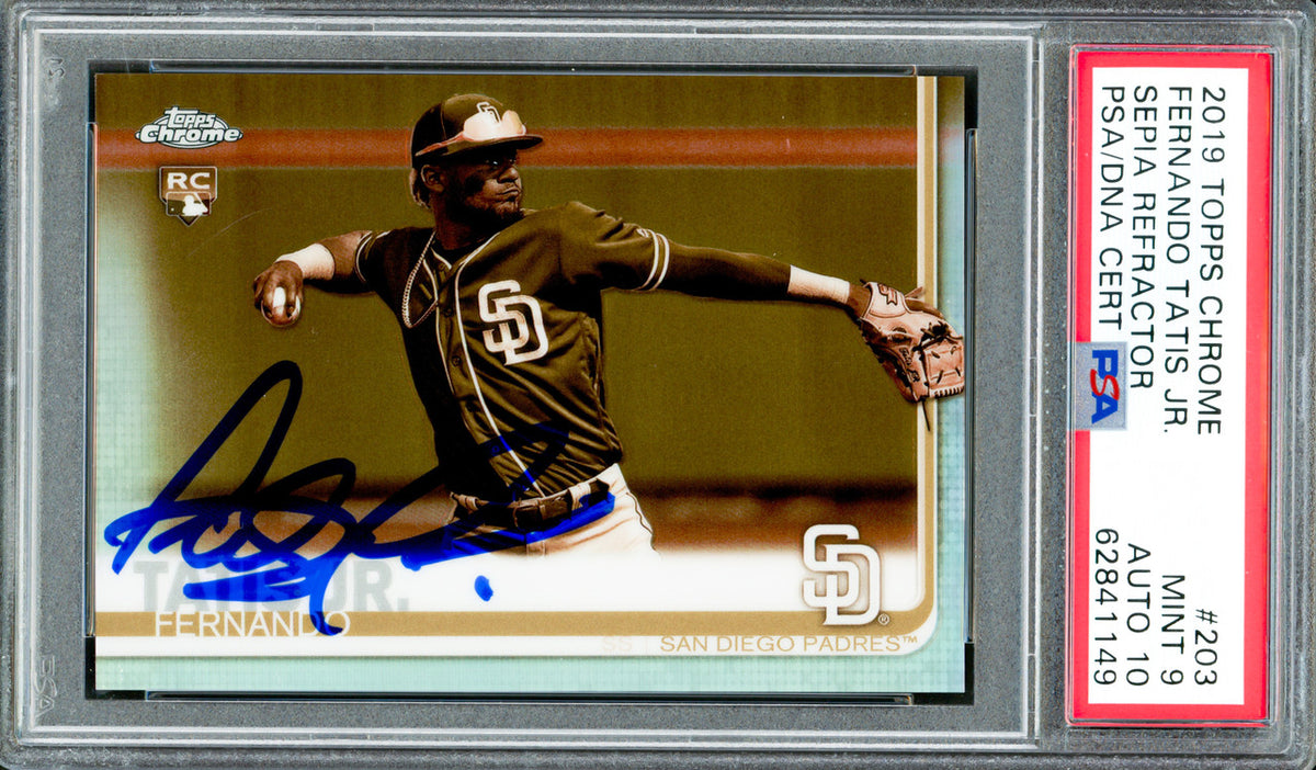 Fernando Tatis Jr. Autographed 2019 Topps Chrome Sepia Refractor Rookie Card #203 San Diego Padres PSA 9 Auto Grade Gem Mint 10 PSA/DNA Stock #262014