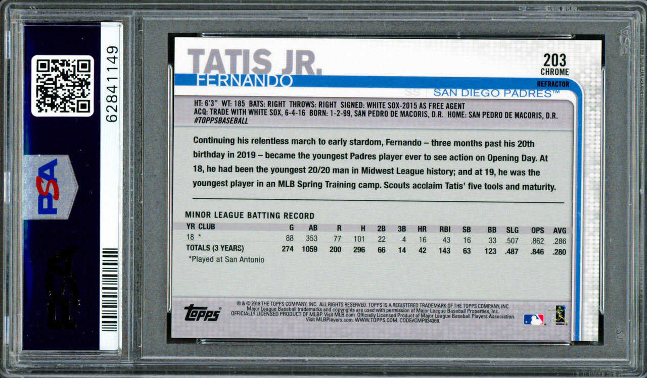 Fernando Tatis Jr. Autographed 2019 Topps Chrome Sepia Refractor Rookie Card #203 San Diego Padres PSA 9 Auto Grade Gem Mint 10 PSA/DNA Stock #262014