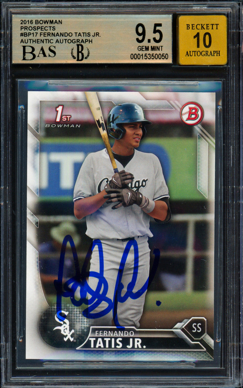 Fernando Tatis Jr. Autographed 2016 Bowman Prospects Rookie Card #BP17 San Diego Padres BGS 9.5 Auto Grade Gem Mint 10 Beckett BAS Stock #262012