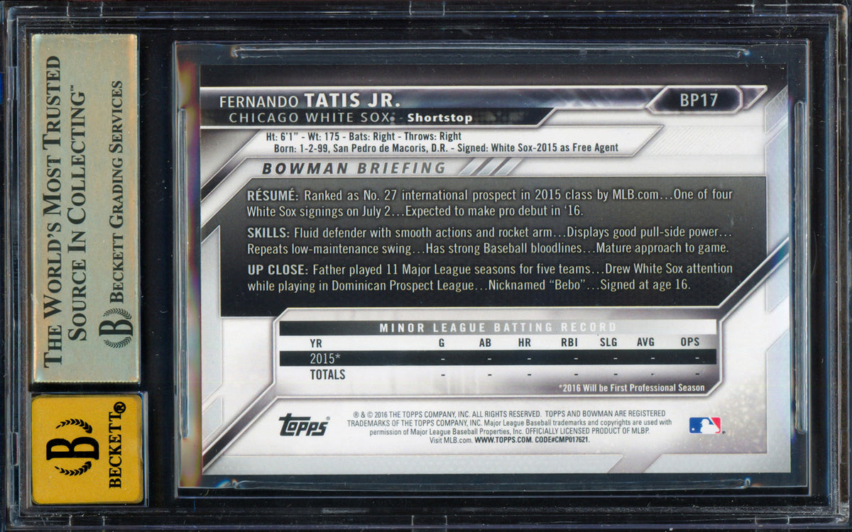 Fernando Tatis Jr. Autographed 2016 Bowman Prospects Rookie Card #BP17 San Diego Padres BGS 9.5 Auto Grade Gem Mint 10 Beckett BAS Stock #262012