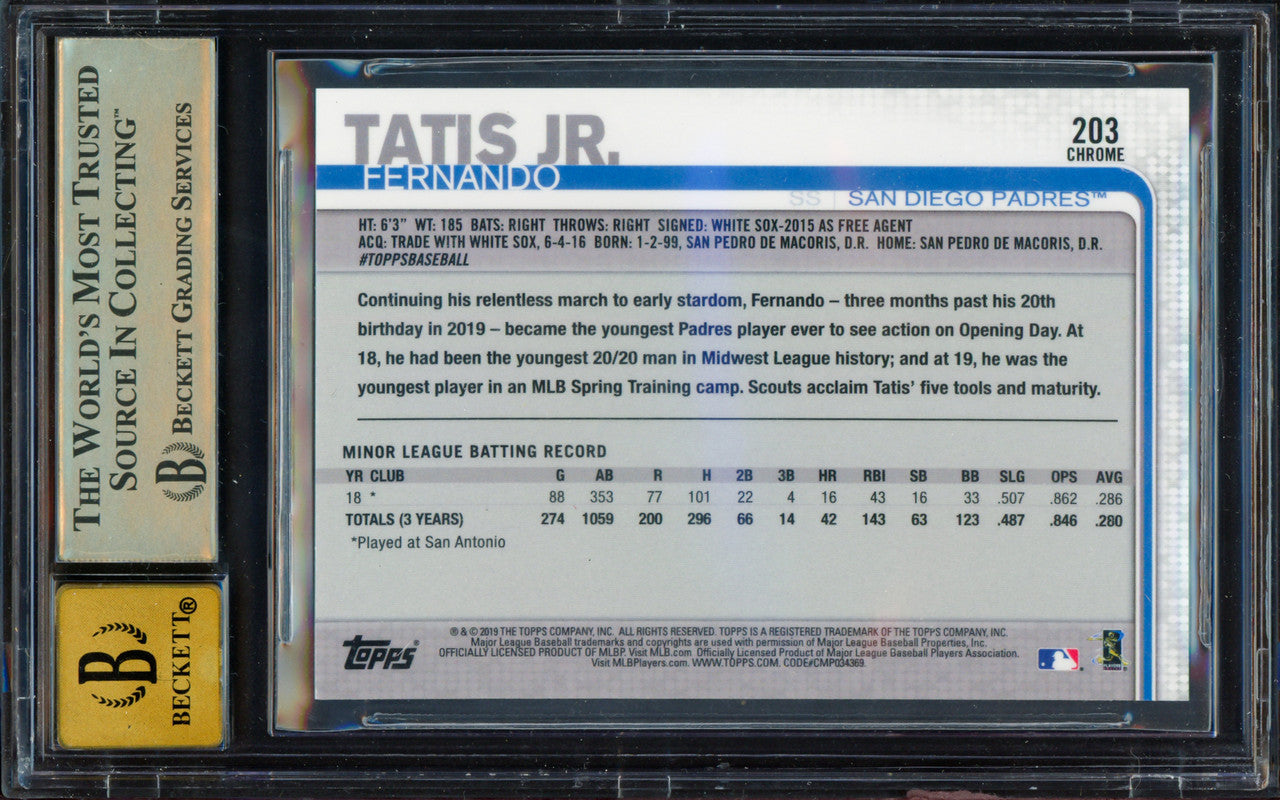 Fernando Tatis Jr. Autographed 2019 Topps Chrome Rookie Card #203 San Diego Padres BGS 9.5 Auto Grade Gem Mint 10 Beckett BAS Stock #262017