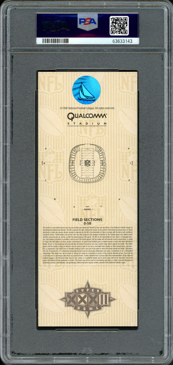 John Elway Autographed 1998 Super Bowl XXXII Ticket Denver Broncos PSA 10 Auto Grade Mint 9 PSA/DNA Stock #262026