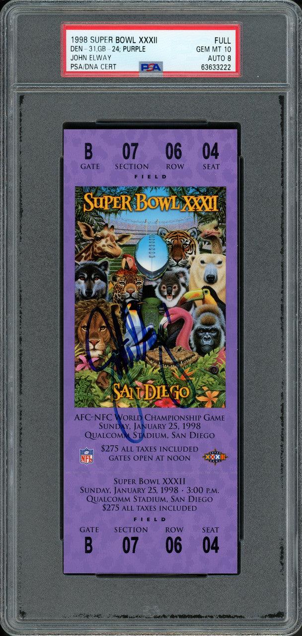 John Elway Autographed 1998 Super Bowl XXXII Ticket Denver Broncos PSA 10 Auto Grade Near Mint/Mint 8 PSA/DNA Stock #262027
