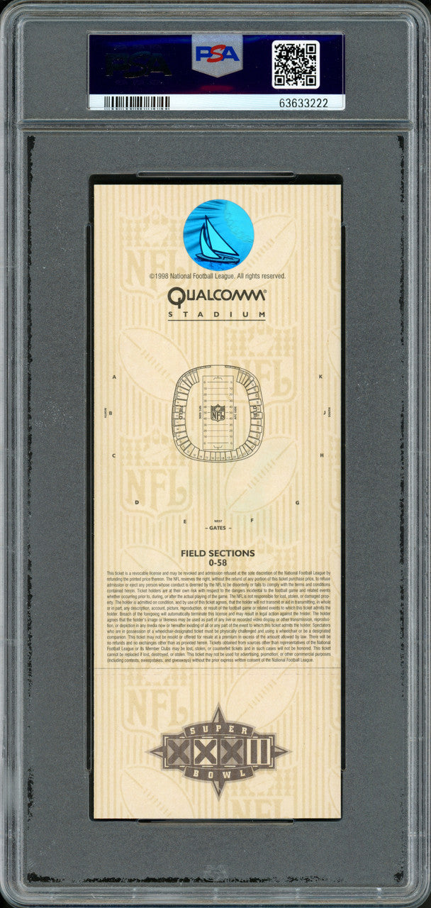 John Elway Autographed 1998 Super Bowl XXXII Ticket Denver Broncos PSA 10 Auto Grade Near Mint/Mint 8 PSA/DNA Stock #262027