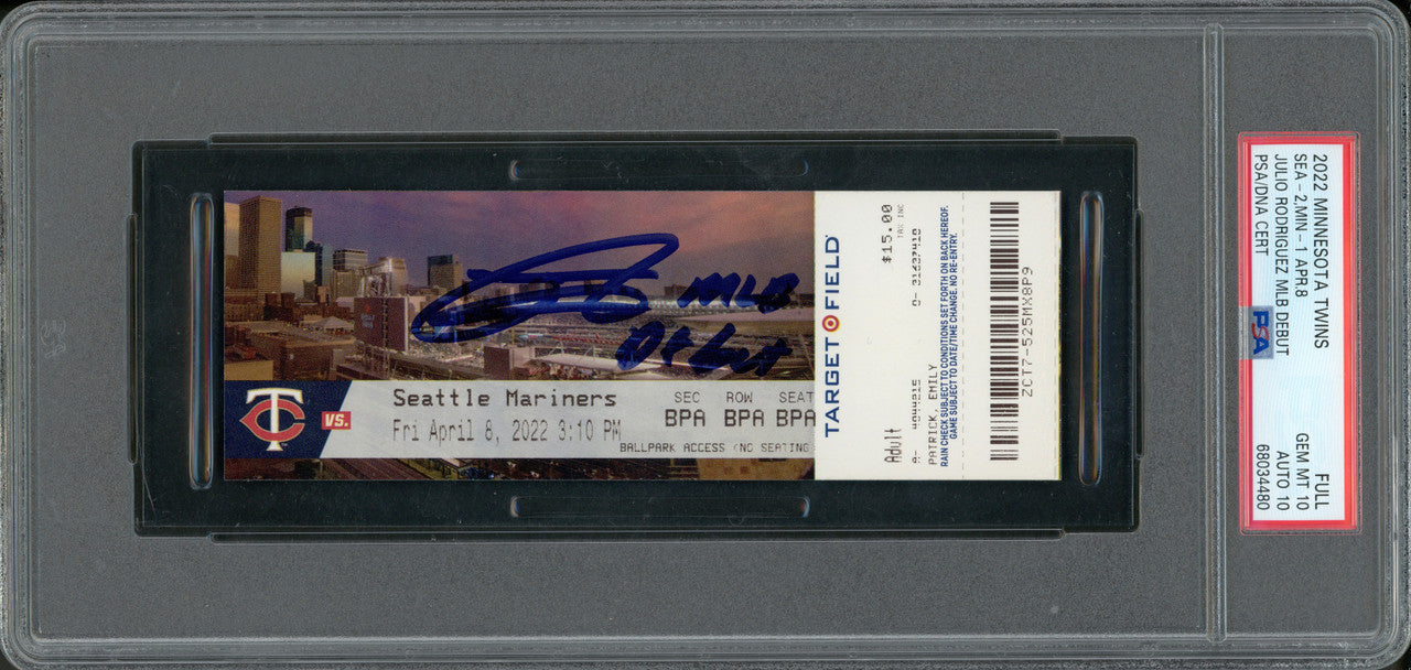 Julio Rodriguez Autographed 2022 MLB Debut Rookie Ticket 4/8/2022 Seattle Mariners PSA 10 Auto Grade Gem Mint 10 "MLB Debut" (Stadium) PSA/DNA Stock #262030