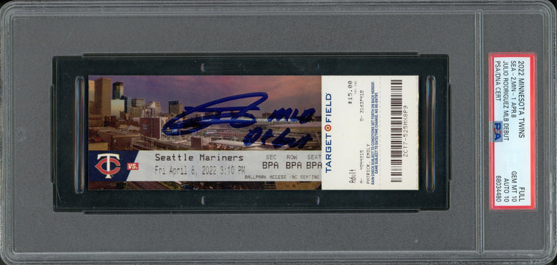 Julio Rodriguez Autographed 2022 MLB Debut Rookie Ticket 4/8/2022 Seattle Mariners PSA 10 Auto Grade Gem Mint 10 "MLB Debut" (Stadium) PSA/DNA Stock #262030