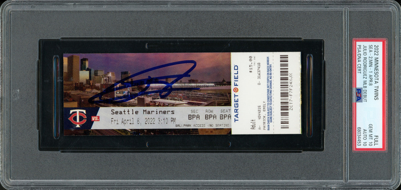 Julio Rodriguez Autographed 2022 MLB Debut Rookie Ticket 4/8/2022 Seattle Mariners PSA 10 Auto Grade Gem Mint 10 (Stadium) PSA/DNA Stock #262032