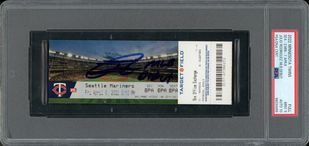 Julio Rodriguez Autographed 2022 MLB Debut Rookie Ticket 4/8/2022 Seattle Mariners PSA 9 Auto Grade Gem Mint 10 "MLB Debut" (Field) PSA/DNA Stock #262036