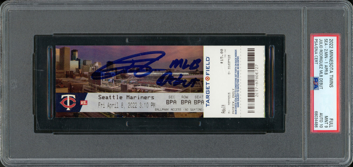 Julio Rodriguez Autographed 2022 MLB Debut Rookie Ticket 4/8/2022 Seattle Mariners PSA 9 Auto Grade Gem Mint 10 "MLB Debut" (Stadium) PSA/DNA Stock #262037