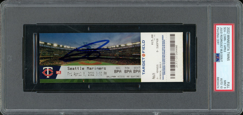 Julio Rodriguez Autographed 2022 MLB Debut Rookie Ticket 4/8/2022 Seattle Mariners PSA 9 Auto Grade Gem Mint 10 (Field) PSA/DNA Stock #262038