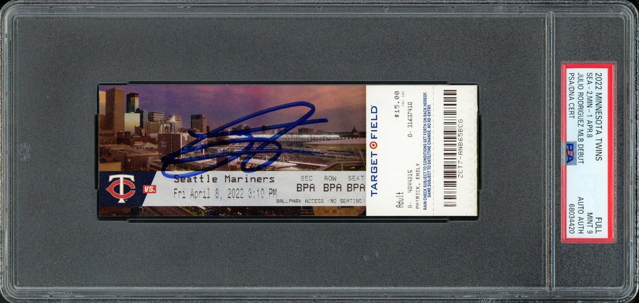 Julio Rodriguez Autographed 2022 MLB Debut Rookie Ticket 4/8/2022 Seattle Mariners PSA 9 (Stadium) PSA/DNA Stock #262040