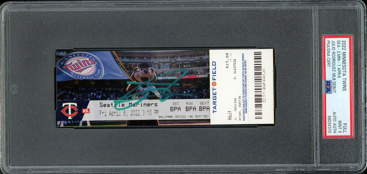 Julio Rodriguez Autographed 2022 MLB Debut Rookie Ticket 4/8/2022 Seattle Mariners PSA 9 (Mascot) PSA/DNA Stock #262041