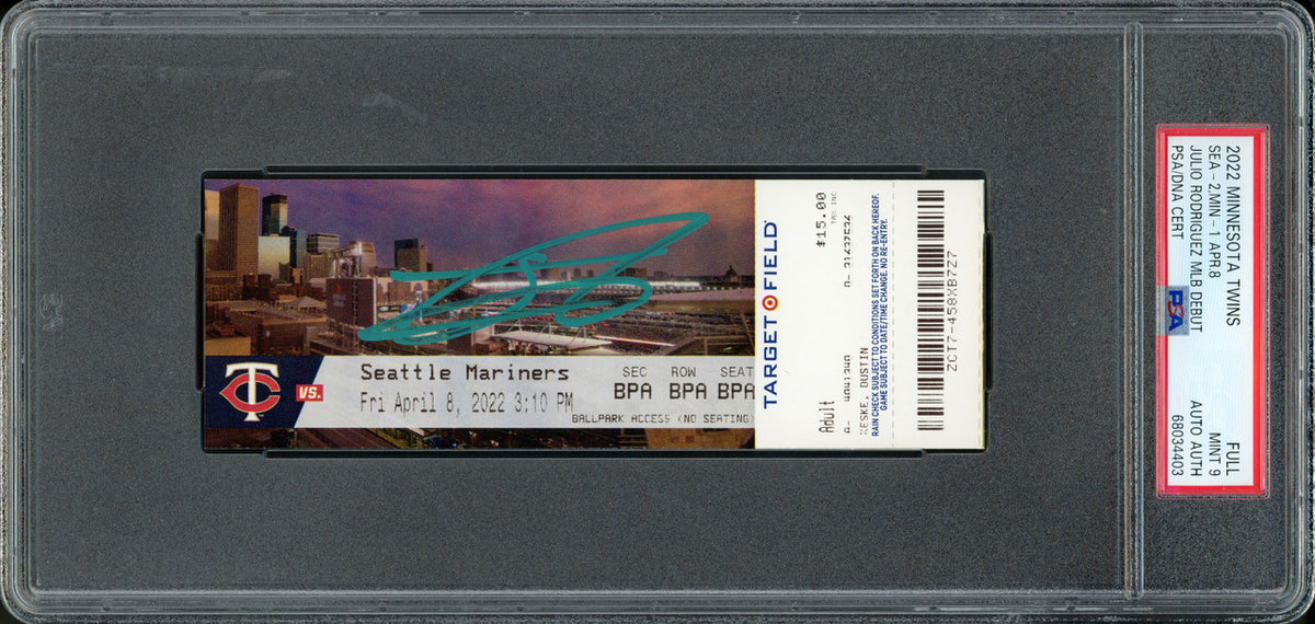 Julio Rodriguez Autographed 2022 MLB Debut Rookie Ticket 4/8/2022 Seattle Mariners PSA 9 (Stadium) PSA/DNA Stock #262042