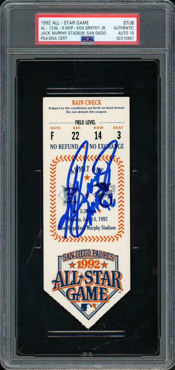 Ken Griffey Jr. Autographed 1992 All Star Game Ticket Seattle Mariners Auto Grade Gem Mint 10 "MVP 92" PSA/DNA Stock #262043