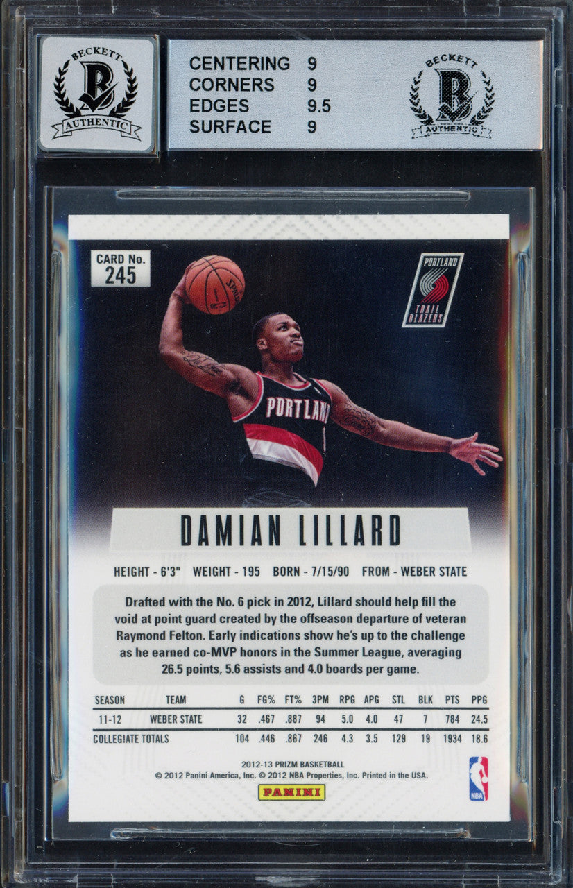 Damian Lillard Autographed 2012-13 Panini Prizm Rookie Card #245 Portland Trail Blazers BGS 9 Auto Grade Gem Mint 10 Beckett BAS Stock #262044