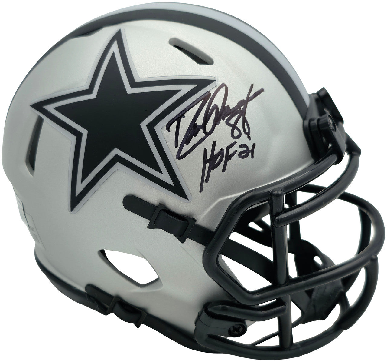 Drew Pearson Autographed Dallas Cowboys Rave Silver Speed Mini Helmet "HOF 21" Beckett BAS QR Stock #261895