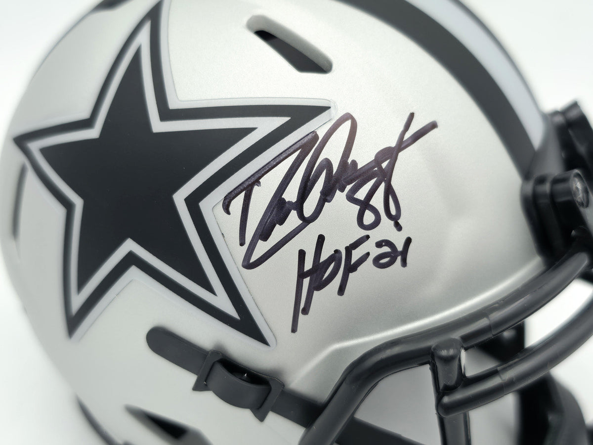 Drew Pearson Autographed Dallas Cowboys Rave Silver Speed Mini Helmet "HOF 21" Beckett BAS QR Stock #261895