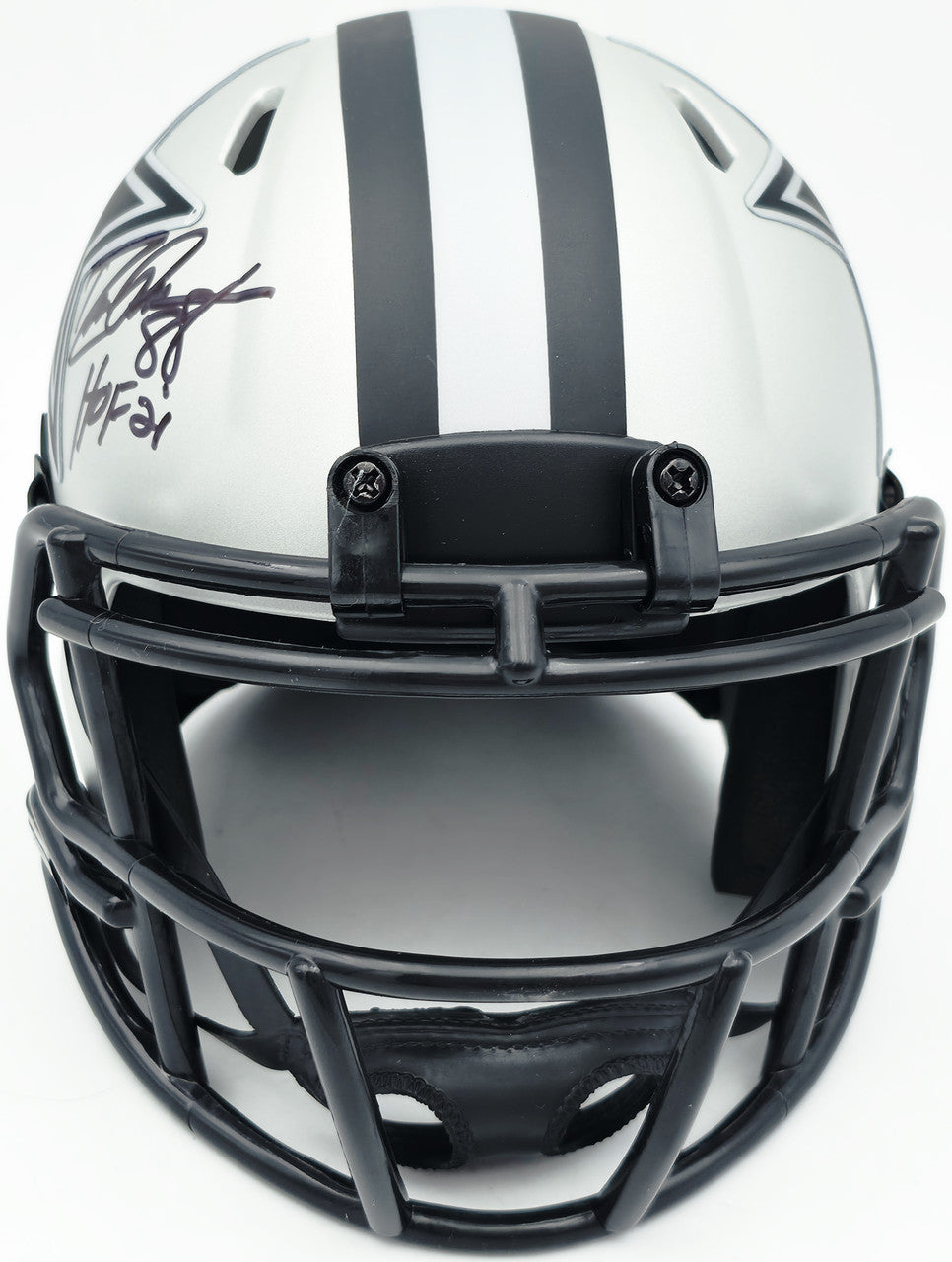 Drew Pearson Autographed Dallas Cowboys Rave Silver Speed Mini Helmet "HOF 21" Beckett BAS QR Stock #261895