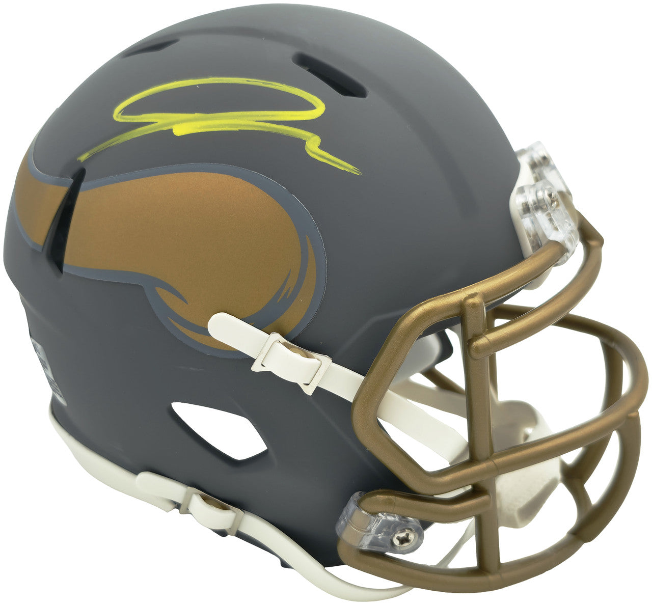 Jordan Addison Autographed Minnesota Vikings Slate Silver Speed Mini Helmet (In Yellow) Beckett BAS QR Stock #261897