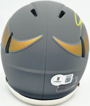 Jordan Addison Autographed Minnesota Vikings Slate Silver Speed Mini Helmet (In Yellow) Beckett BAS QR Stock #261897